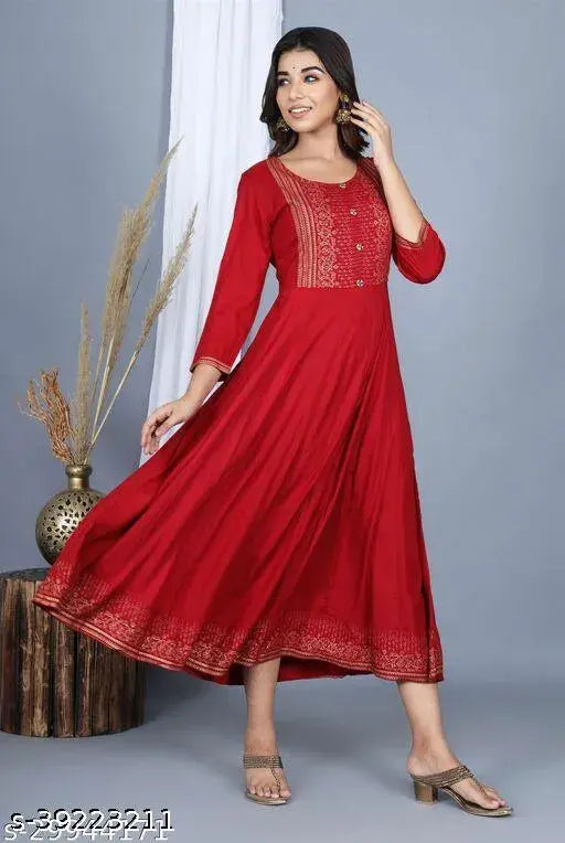 Red cotton kameez with embroidery, long sleeves, knee-length skirt for women