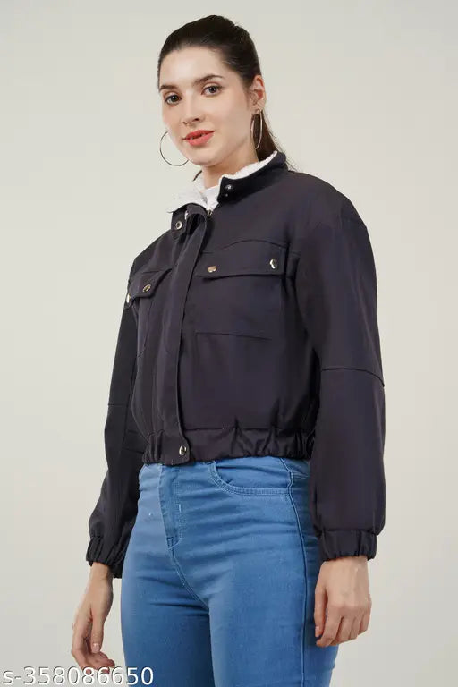 Cotton blend women's short bomber jacket, solid color, warm fur lining, perfect for winter