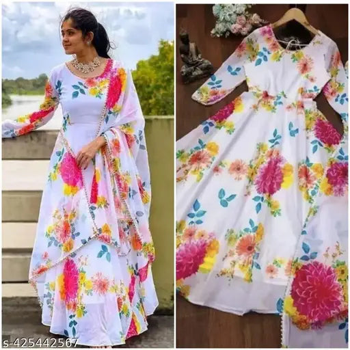 Flower print Georgette long kurti with dupatta (no bottomwear), stylish and trendy women's festive wear gown, printed net, long sleeves, size S-XXL