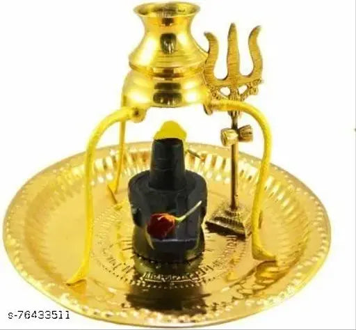 Brass Shivling Pooja Plate Thali with stand, Abhishek Lota Kalash (Gold), Indian decorative showpiece for religious offerings
