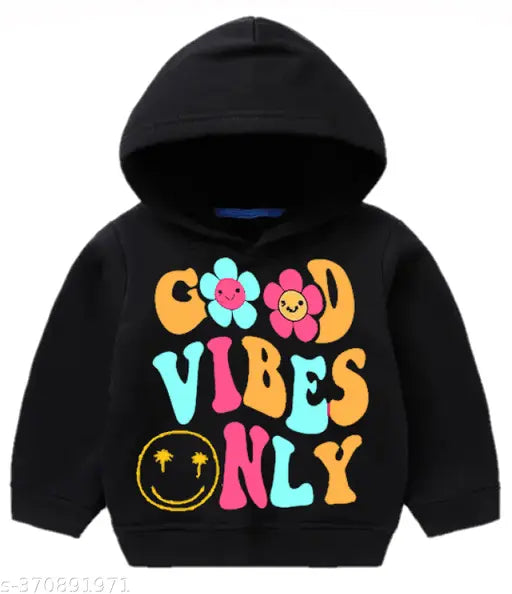 Black cotton blend kids' hoodie for winter, featuring printed design. Suitable for both boys and girls