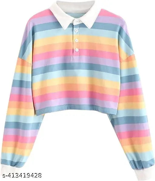 Multicolor lycra crop top with long sleeves, tie-dye pattern and rainbow colors for women's western wear