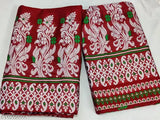 Red and green patterned traditional Mekhela Chador with stitching details, set of 3