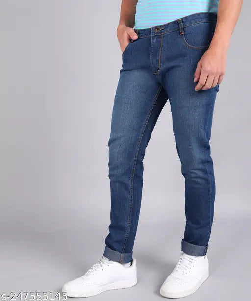 Dark blue cotton blend slim fit jeans, Inspire brand, mid-rise with belt loops and button/zip closure. Medium wash, mild distress, heavy fade design
