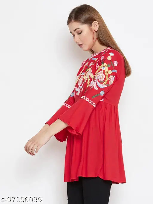 Red embroidered rayon tunic for women, S-XXL sizes, made in India