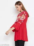 Red embroidered rayon tunic for women, S-XXL sizes, made in India