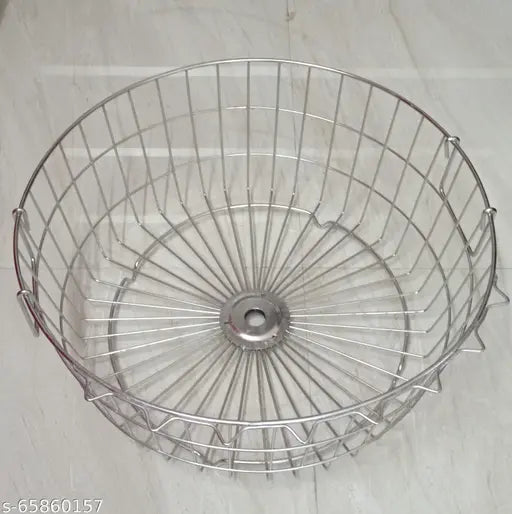 Silver stainless steel dish drainer with round basket, featuring multiple air holes and a height of 9 inches, for kitchen use