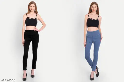 Denim skinny fit high waist blue-black jeggings pack of 2 for women, elastic closer and ankle length