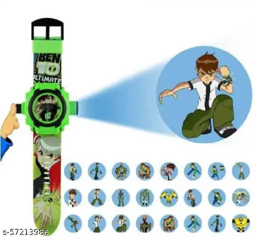 Digital wristwatch with black strap and round face, featuring cartoon boy with orange hair and blue shirt, with 12 numbered buttons around perimeter