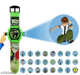 Digital wristwatch with black strap and round face, featuring cartoon boy with orange hair and blue shirt, with 12 numbered buttons around perimeter