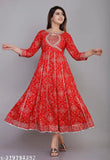 Red rayon printed straight kurti with three-quarter sleeves and round neck, calf length, adult size available in S, M, L, XL, XXL, XXXL. Made in India