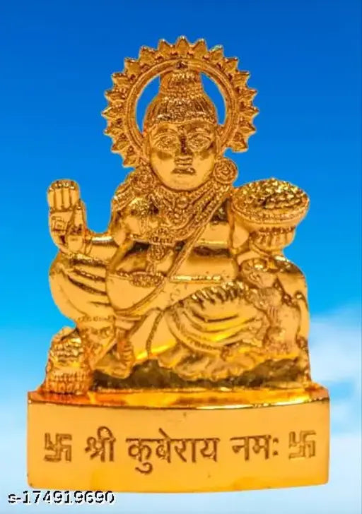Gold plated Lord Kuber murti statue, intricately detailed metal idol of Hindu deity from India