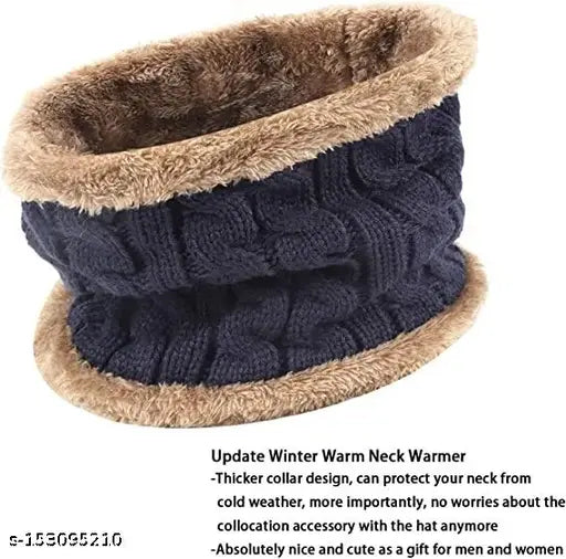 A navy blue knitted beanie with a matching scarf, designed to keep neck warm during winter. Made of soft wool material