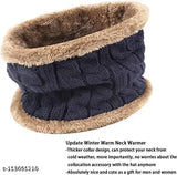 A navy blue knitted beanie with a matching scarf, designed to keep neck warm during winter. Made of soft wool material