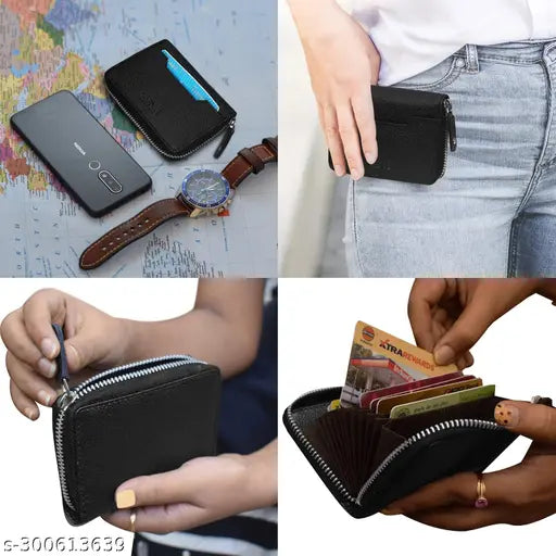 Leather wallet with 9 card slots & 2 money pockets, printed pattern, free size (11cm x 8cm), Indian craftsmanship