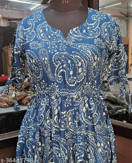 Blue Viscose Rayon pleated kurti with ethnic motifs embroidery, short sleeves, women's size S-XXXXL