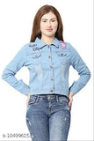 Women's denim printed jacket, solid net pattern, long sleeves, size S (bust 36in, length 21in), made in India
