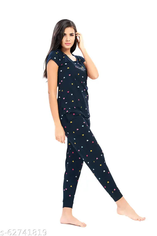 Navy Blue Multi Heart Print Cotton Women's Nightsuit Set, flattering cuts & colorful prints for loungewear