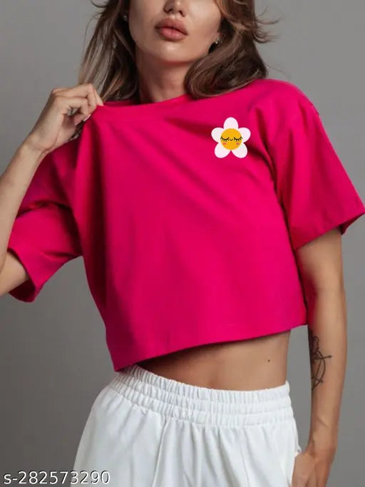 Magenta cotton blend oversized crop top with shy flower print for women's & girls, comfortable and trendy