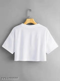 White BTS design crop top t-shirt for girls, polyester short sleeves with printed net pattern