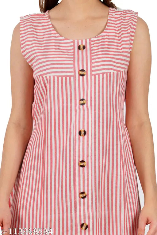Orange and white striped cotton A-line sleeveless women's kurti