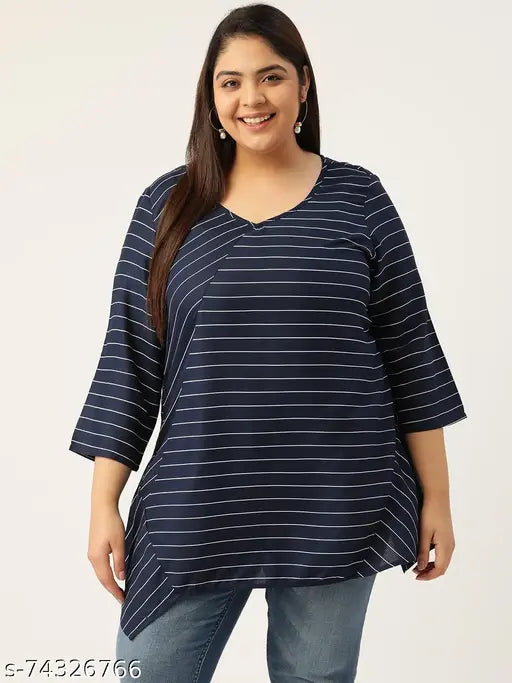 Navy blue & white striped plus size viscose rayon v-neck top with three-quarter sleeves, India origin