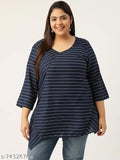 Navy blue & white striped plus size viscose rayon v-neck top with three-quarter sleeves, India origin