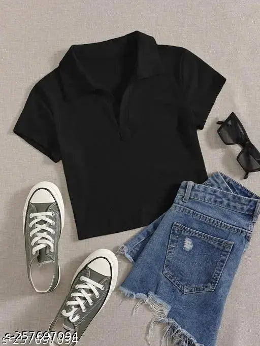 Cotton plain collar T-shirt, solid pattern, short sleeves for XS to XXXL sizes