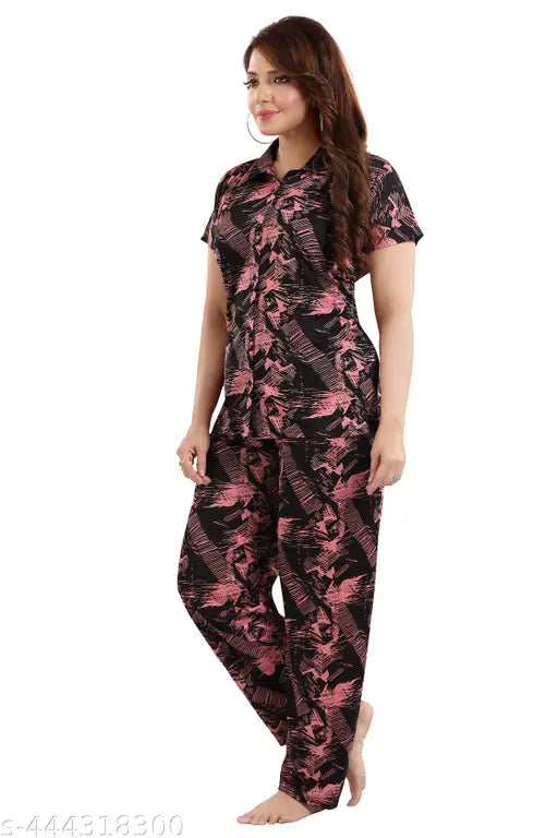 Women's satin printed kollar nightsuit set - short sleeve polyester top and bottom, girls nightwear with printed pattern