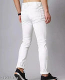 White cotton blend Mod Men knee slit jeans, ripped net pattern, size 28/30/32