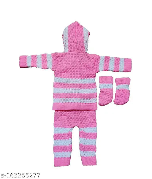 Soft woolen hoodie sweater, striped pajamas & booties for baby boys and girls, India origin