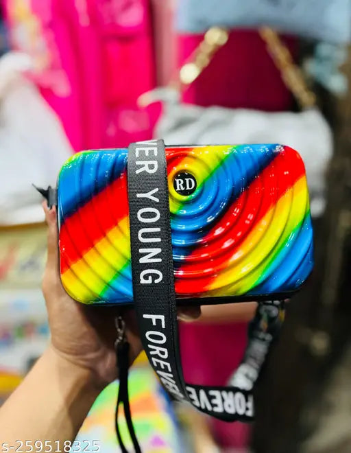 Colorful box clutch with sling strap