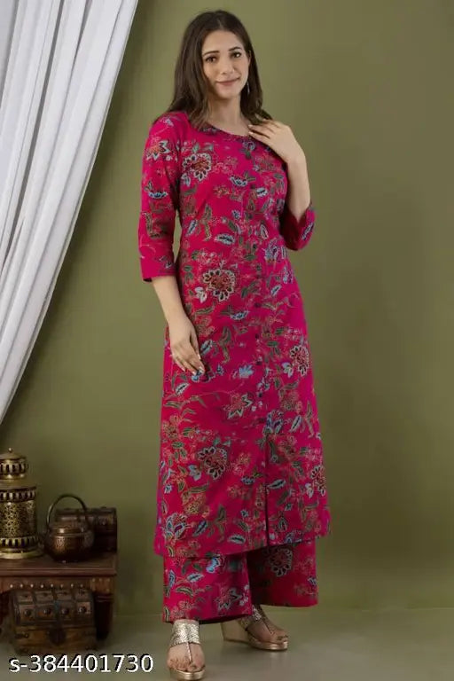 New pink viscose rayon serwani with printed net, three-quarter sleeves and palazzos bottoms. India-made women's ethnic wear