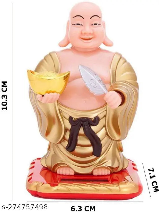 Golden plastic Laughing Buddha with waving fan, moving head for wealth and prosperity, 10cm tall