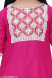 Embroidered rayon girls kurta set-Rani with dhoti pants, three-quarter sleeves and matching dupatta. Indian clothing for kids aged 3-10 months
