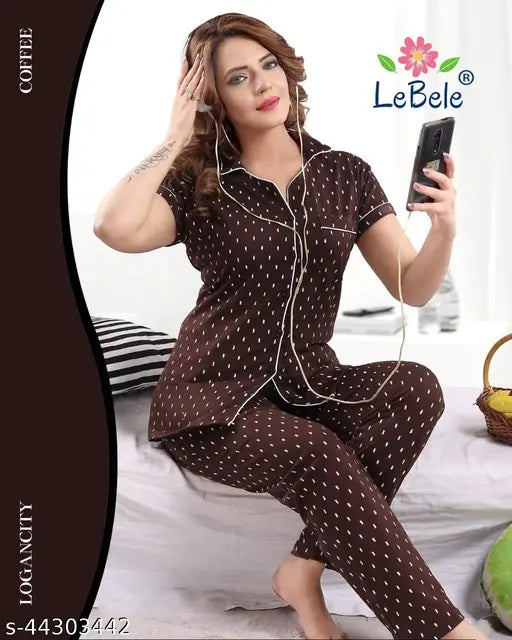 Collar rib cotton night suit set with printed net pattern, ideal for cozy sleepwear