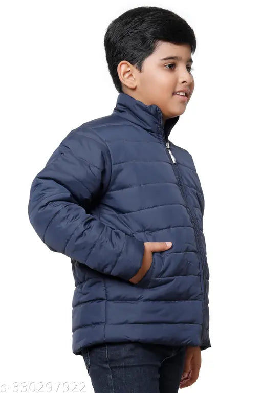 Navy blue cotton zip-up jacket for boys, full sleeve, solid color