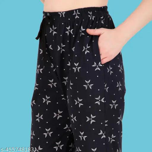 Black track pants with a star print design, women's leisure wear