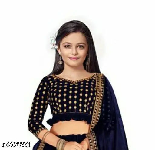 Multi-colored embroidered satin lehenga choli with net dupatta, suitable for ages 2-16 years, traditional Indian partywear