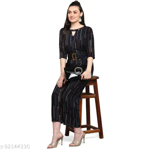 Woman in colorblocked rayon jumpsuit with foil print, short sleeves on mannequin