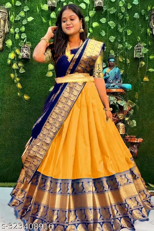 Art Silk South Indian bridal lehenga choli with Zari patterns, unstitched and available in various sizes (36"-44"). Perfect for women and girls. 100% best quality fabric from Tirupati Sadi