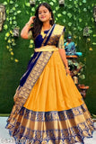 Art Silk South Indian bridal lehenga choli with Zari patterns, unstitched and available in various sizes (36"-44"). Perfect for women and girls. 100% best quality fabric from Tirupati Sadi