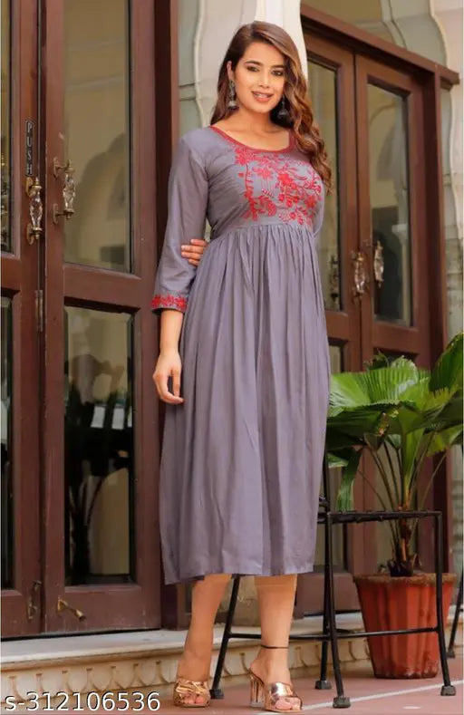 Mint gray long-sleeve maxi dress with red embroidery