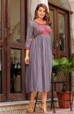 Mint gray long-sleeve maxi dress with red embroidery
