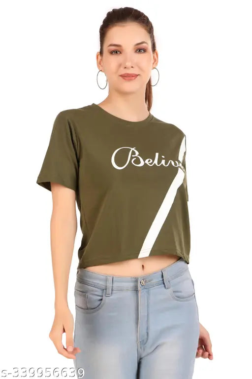 Cotton printed half sleeve crop T-shirt for women, featuring round neckline and short sleeves in vibrant design