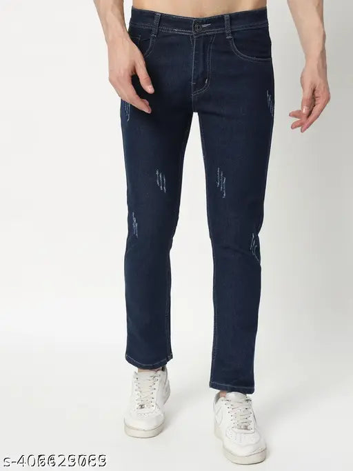 Blue denim high-rise jeans for men, ANGERHOOD slim fit solid denim with modern silhouette and classic five-pocket styling. Made in India