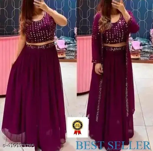 Purple Georgette Indo Western Choli Skirt, sleeveless, embroidered for women's wedding party wear, festival, Bollywood-inspired fashion