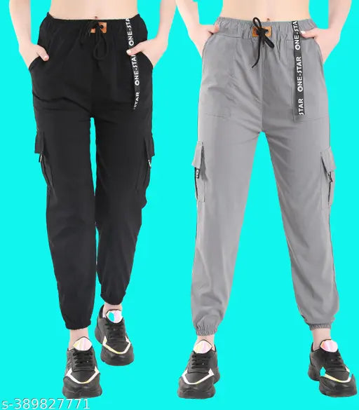 Women's casual joggers, comfy cargo pockets, elastic waistband, grey color