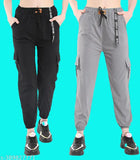 Women's casual joggers, comfy cargo pockets, elastic waistband, grey color