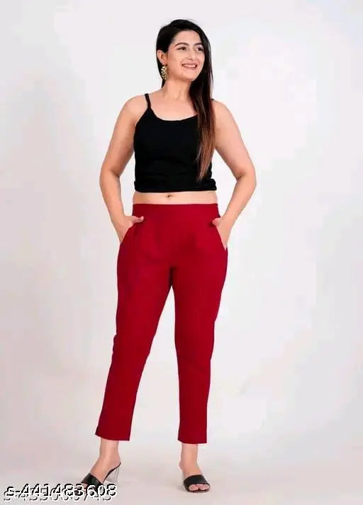 Red cotton stretch pants combo, women's fashionable casual wear